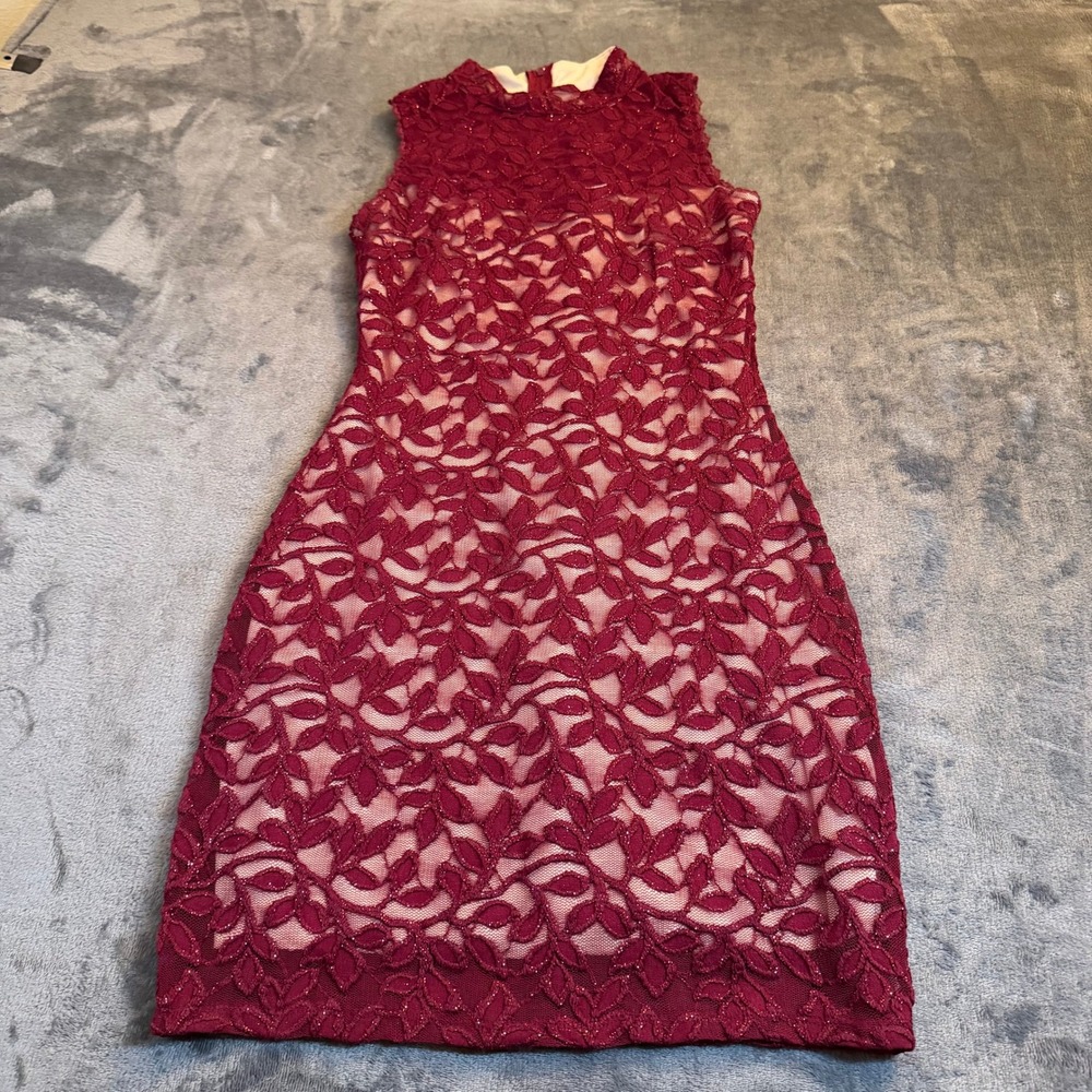 Emerald‎ Sundae Burgundy Lace Sheath Dress Mock Neck Sleeveless Womens Medium